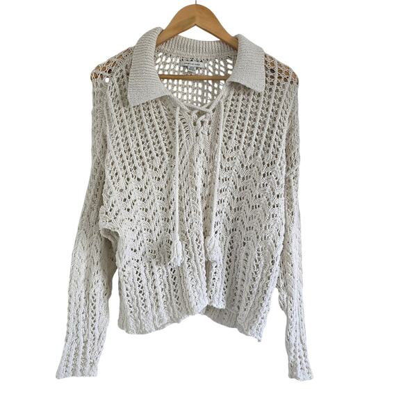 American Eagle Outfitters Tops - American Eagle Crochet Open Knit Polo Shirt Size M Cream Tassel Cottage Beachy